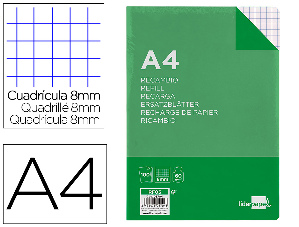 RECAMBIO LIDERPAPEL A4 100 HOJAS 60GR CUADRO 8MM CON MARGEN 4 TALADROS
