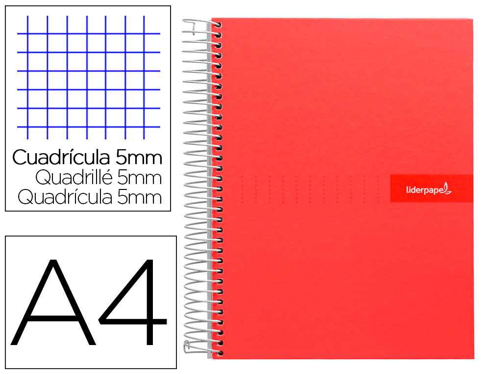 CUADERNO ESPIRAL LIDERPAPEL A4 MICRO CRAFTY TAPA FORRADA 120H 90 GR CUADRO 5MM 5 BANDAS 4 COLORES COLOR ROJO