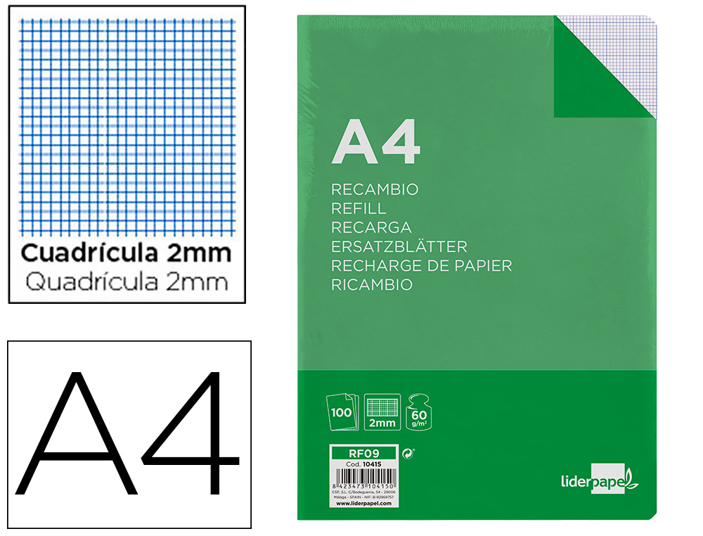 RECAMBIO LIDERPAPEL A4 100 HOJAS 60GR MILIMETRADO SIN MARGEN 4 TALADROS