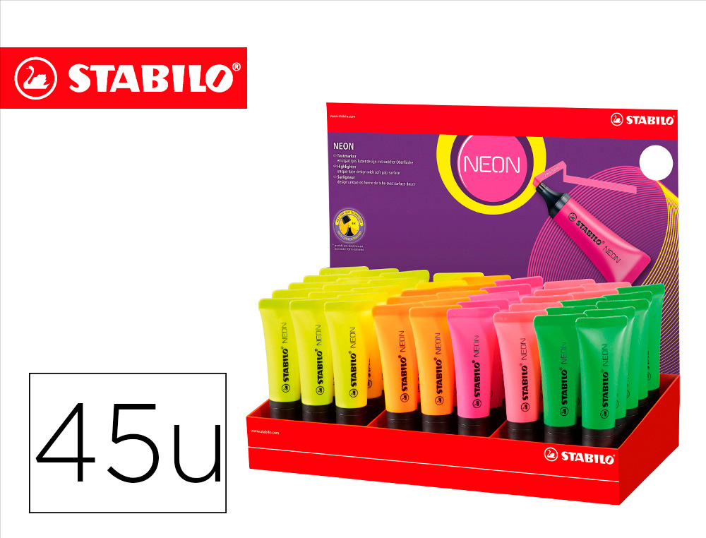 ROTULADOR STABILO FLUORESCENTE 72 NEON EXPOSITOR DE 45 UNIDADES COLORES SURTIDOS