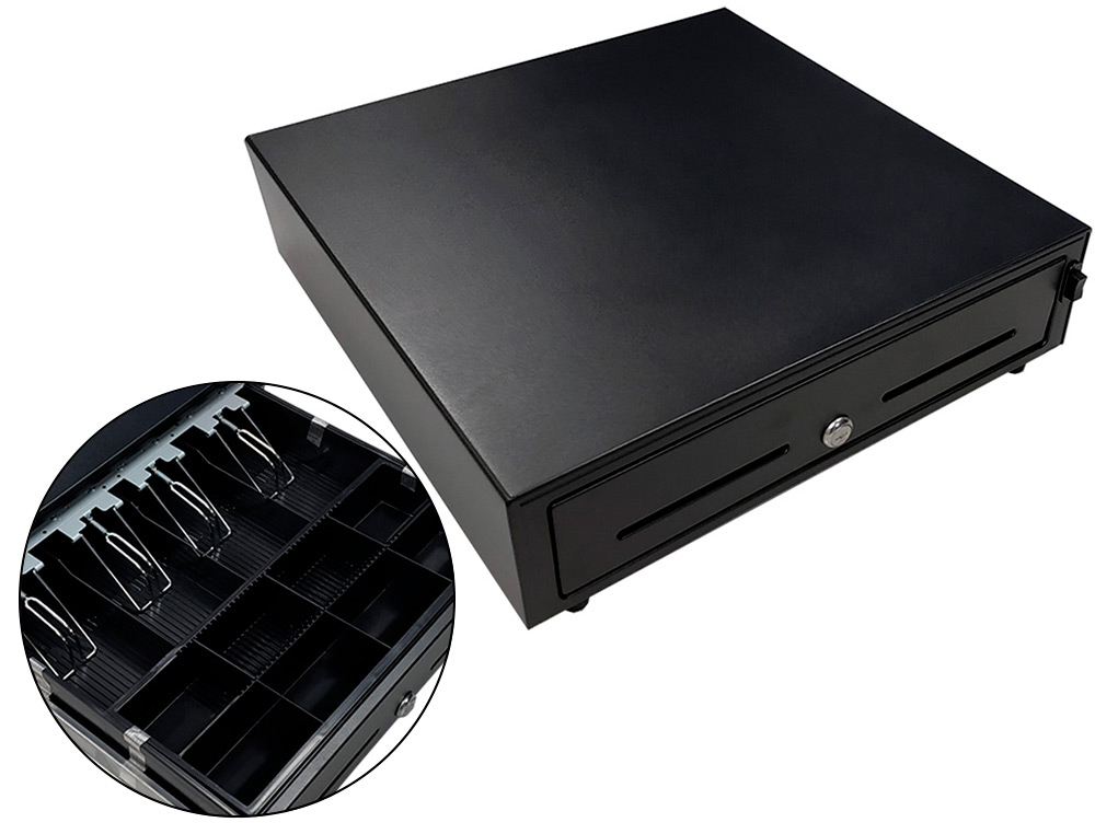 CAJON PORTAMONEDAS 8 MONEDEROS 4 BILLETEROS APERTURA MANUAL Y LLAVE COLOR NEGRO 410X415X110 MM