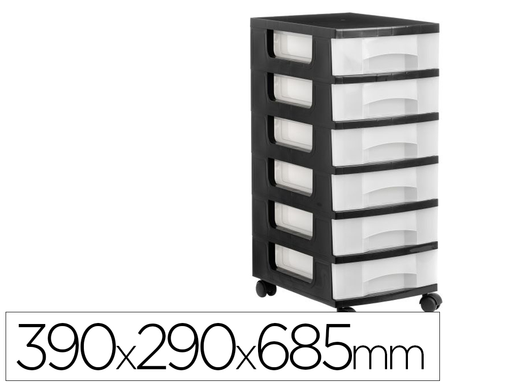 CAJONERA ARCHIVO 2000 6 CAJONES TRANSPARENTE CARCASA NEGRA 6 LITROS CON RUEDAS 390X290X480 MM
