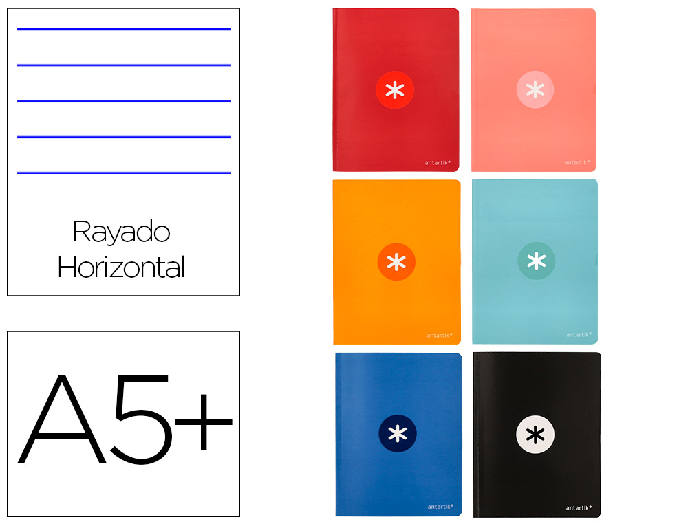 LIBRETA ANTARTIK A5+ PLUS COSIDA 48 HOJAS 90GR RAYADO HORIZONTAL CON MARGEN 6 COLORES SURTIDOS
