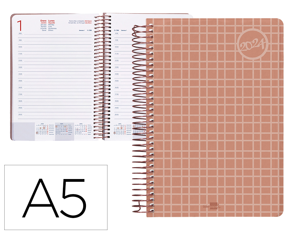 AGENDA ESPIRAL LIDERPAPEL CLASSIC A5 2024 DIA PAGINA PORTADA POLIPROPILENO PAPEL 70 GR COLOR CORAL
