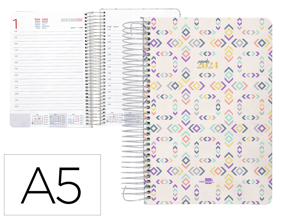AGENDA ESPIRAL LIDERPAPEL PERISSA A5 2024 DIA PAGINA PAPEL 80 GR DISEO SQUARE