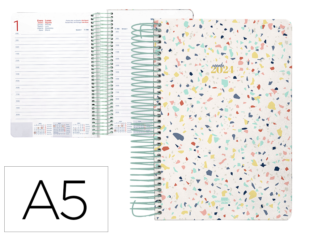 AGENDA ESPIRAL LIDERPAPEL PERISSA A5 2024 DIA PAGINA PAPEL 80 GR DISEO TERRAZO