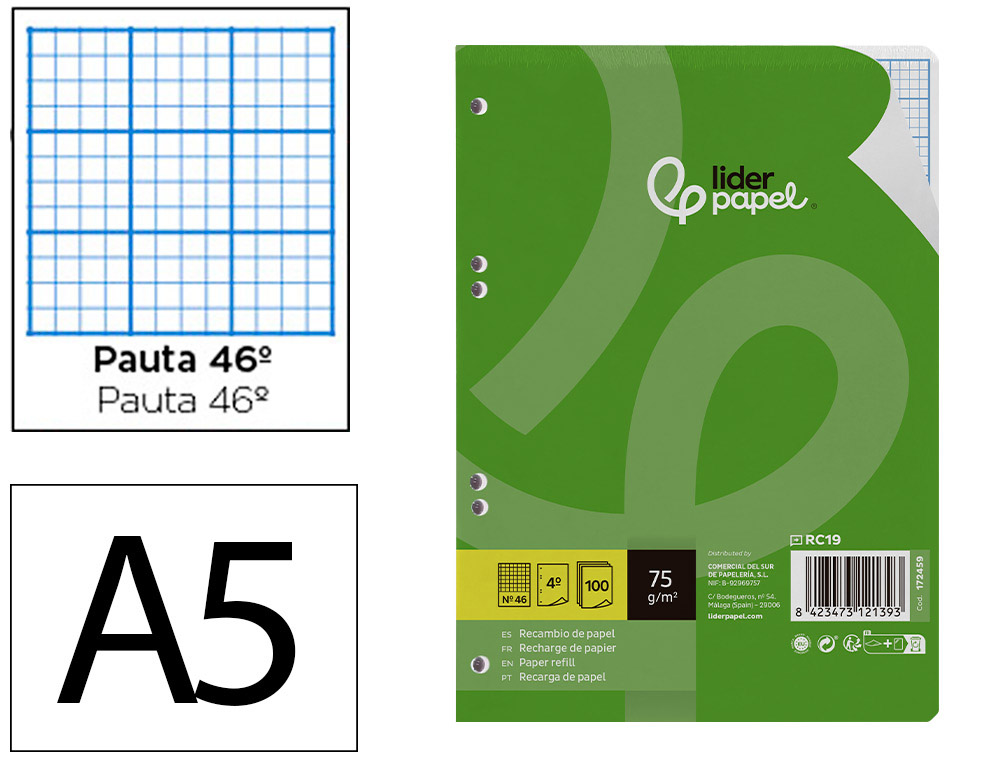 RECAMBIO LIDERPAPEL DIN A5 100 HOJAS 75GR RAYADO N 46 6 TALADROS