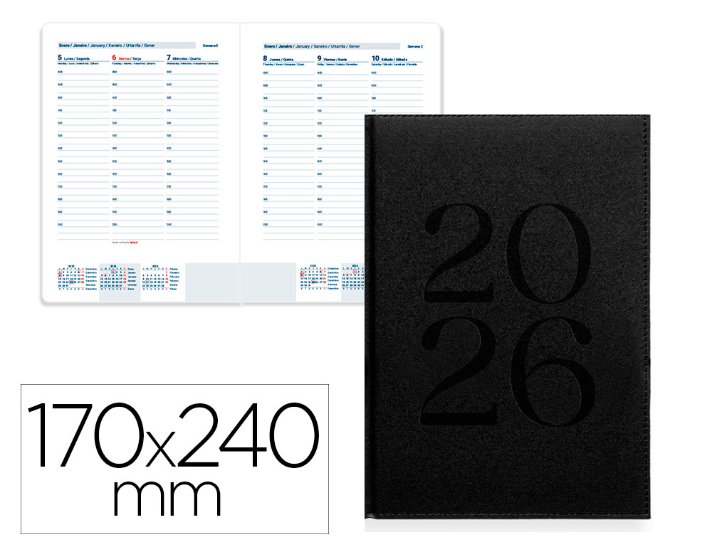 AGENDA ENCUADERNADA LIDERPAPEL CRETA 170X240 MM 2026 SEMANA VISTA NEGRO PAPEL 70 GR FSC