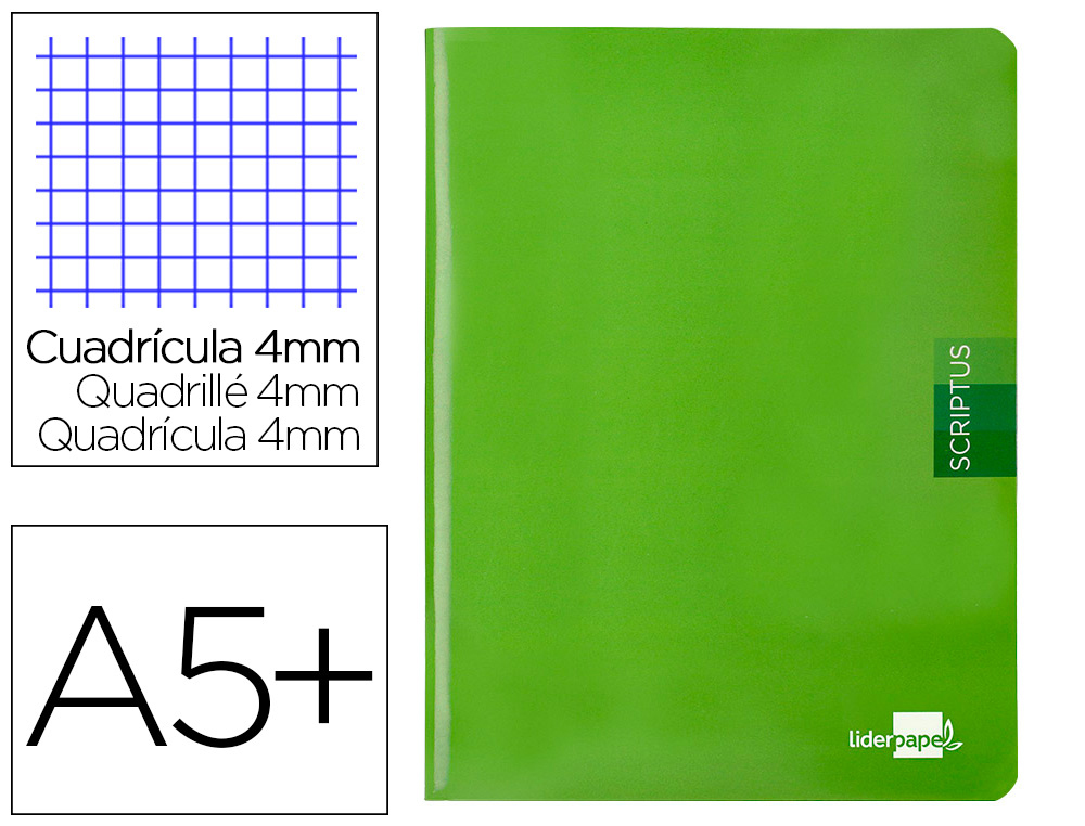 LIBRETA LIDERPAPEL SCRIPTUS A5 48 HOJAS 90GR CUADRO 4MM CON MARGEN COLOR VERDE