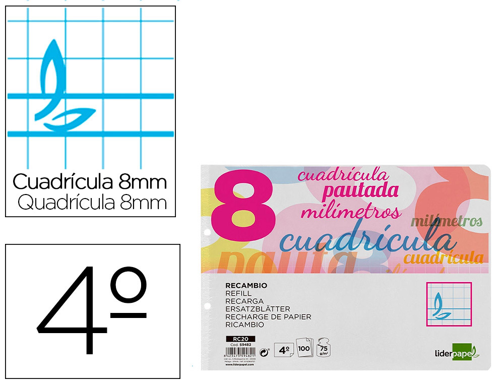 RECAMBIO LIDERPAPEL CUARTO APAISADO PAUTAGUIA 100 HOJAS 75GR CUADRICULADO PAUTADO 8MM CON MARGEN 2 TALADROS