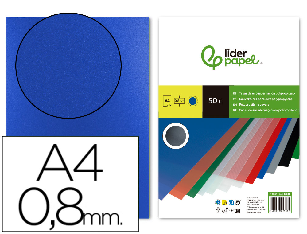 TAPA ENCUADERNACION LIDERPAPEL POLIPROPILENO A4 0.8MM AZUL OPACO PAQUETE DE 50 UNIDADES