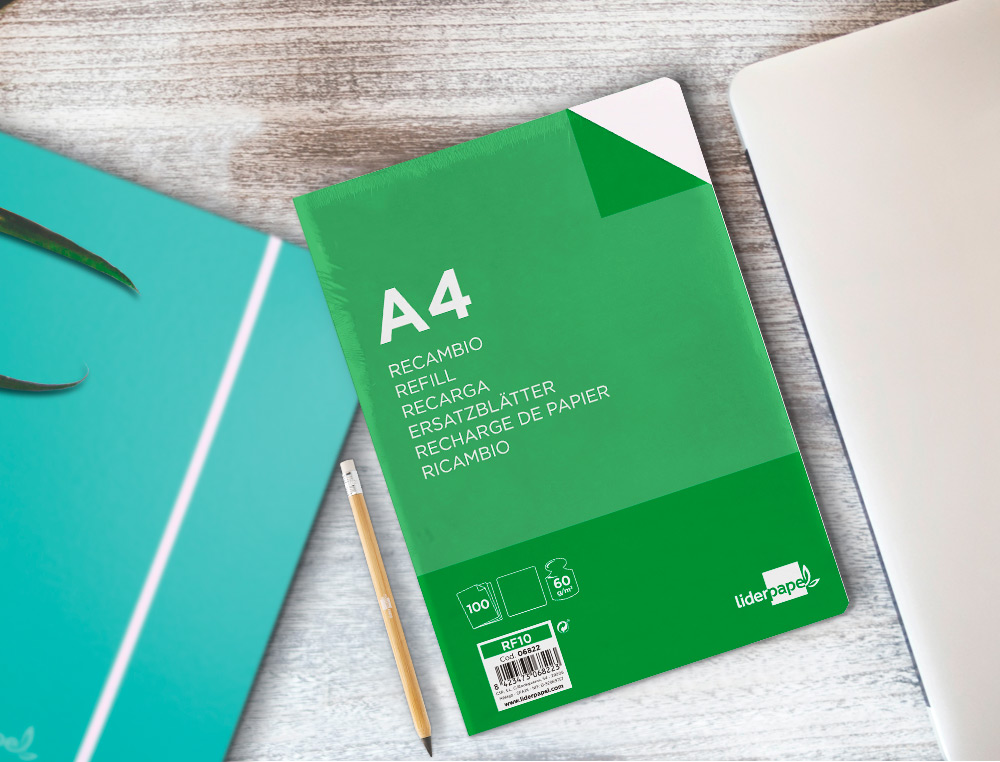 RECAMBIO LIDERPAPEL A4 100 HOJAS 60GR LISO SIN MARGEN 4 TALADROS