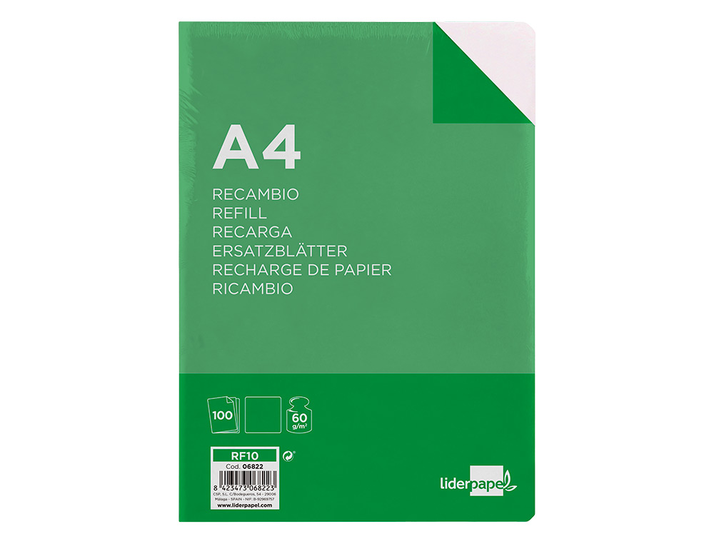 RECAMBIO LIDERPAPEL A4 100 HOJAS 60GR LISO SIN MARGEN 4 TALADROS
