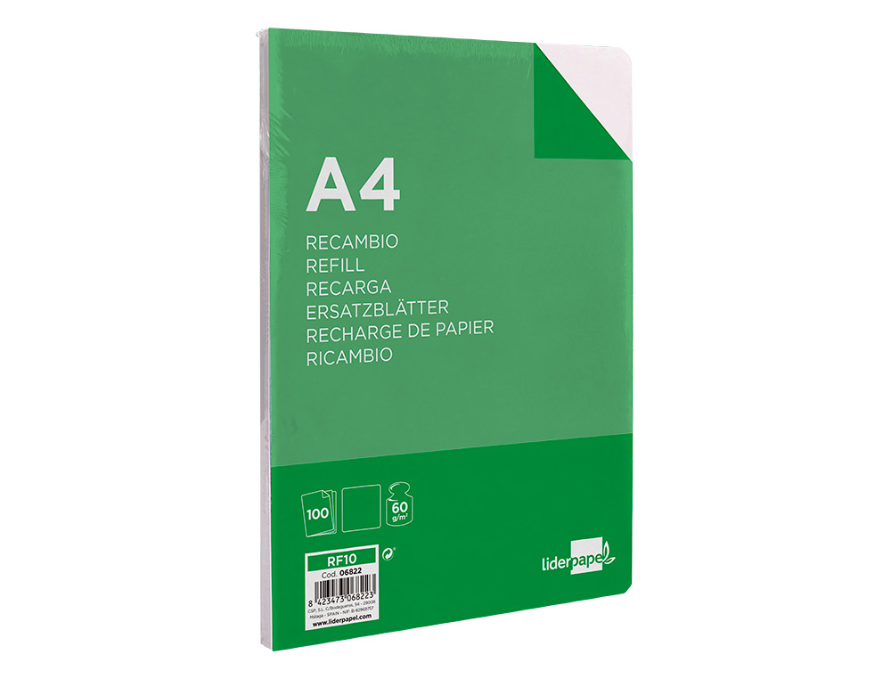 RECAMBIO LIDERPAPEL A4 100 HOJAS 60GR LISO SIN MARGEN 4 TALADROS