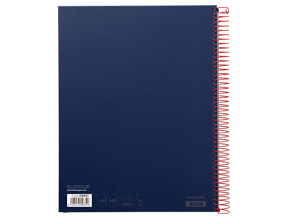 CUADERNO ESPIRAL LIDERPAPEL A4 MICRO JOLLY TAPA FORRADA 140H 75GR CUADRO 5MM 5 BANDAS 4 TALADROS COLOR AZUL