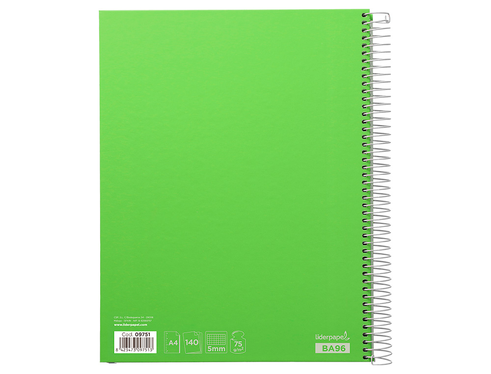 CUADERNO ESPIRAL LIDERPAPEL A4 MICRO JOLLY TAPA FORRADA 140H 75GR CUADRO 5MM 5 BANDAS 4 TALADROS COLOR VERDE