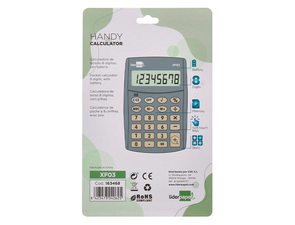 CALCULADORA LIDERPAPEL BOLSILLO XF03 8 DIGITOS PILAS COLOR GRIS 99X64X9 MM