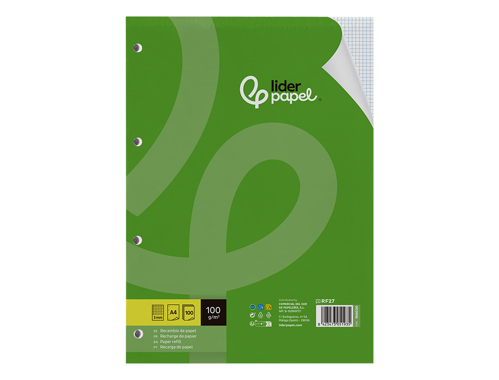 RECAMBIO LIDERPAPEL A4 100 HOJAS 100GR CUADRO 3MM CON MARGEN 4 TALADROS