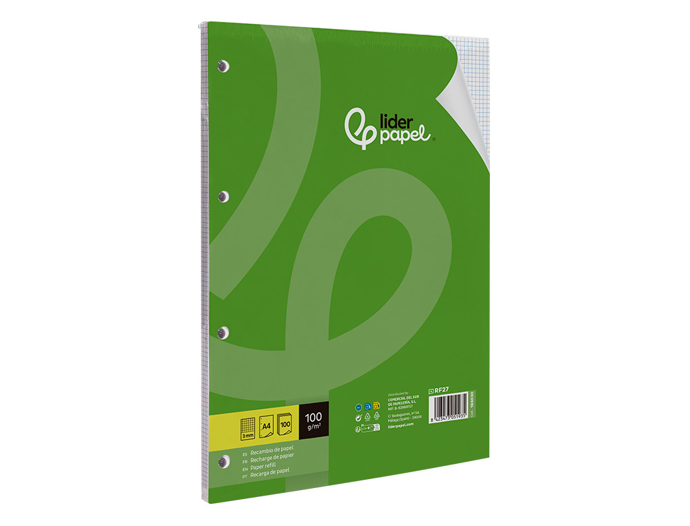 RECAMBIO LIDERPAPEL A4 100 HOJAS 100GR CUADRO 3MM CON MARGEN 4 TALADROS