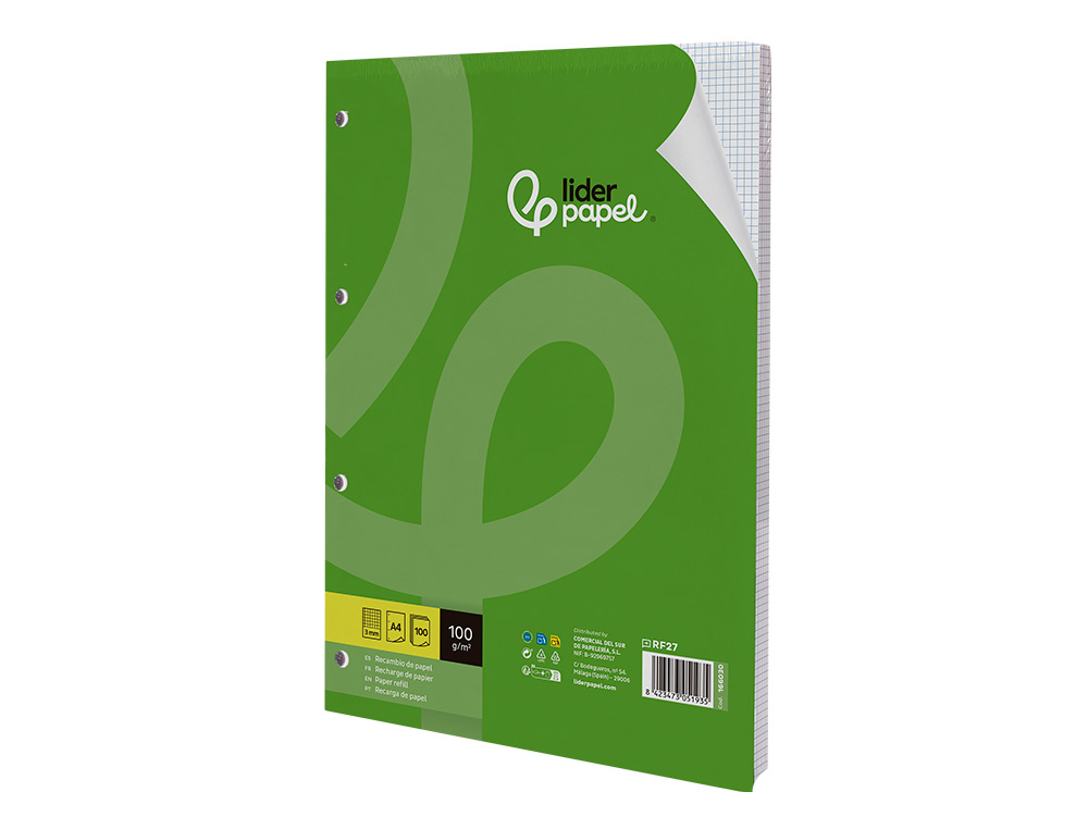 RECAMBIO LIDERPAPEL A4 100 HOJAS 100GR CUADRO 3MM CON MARGEN 4 TALADROS