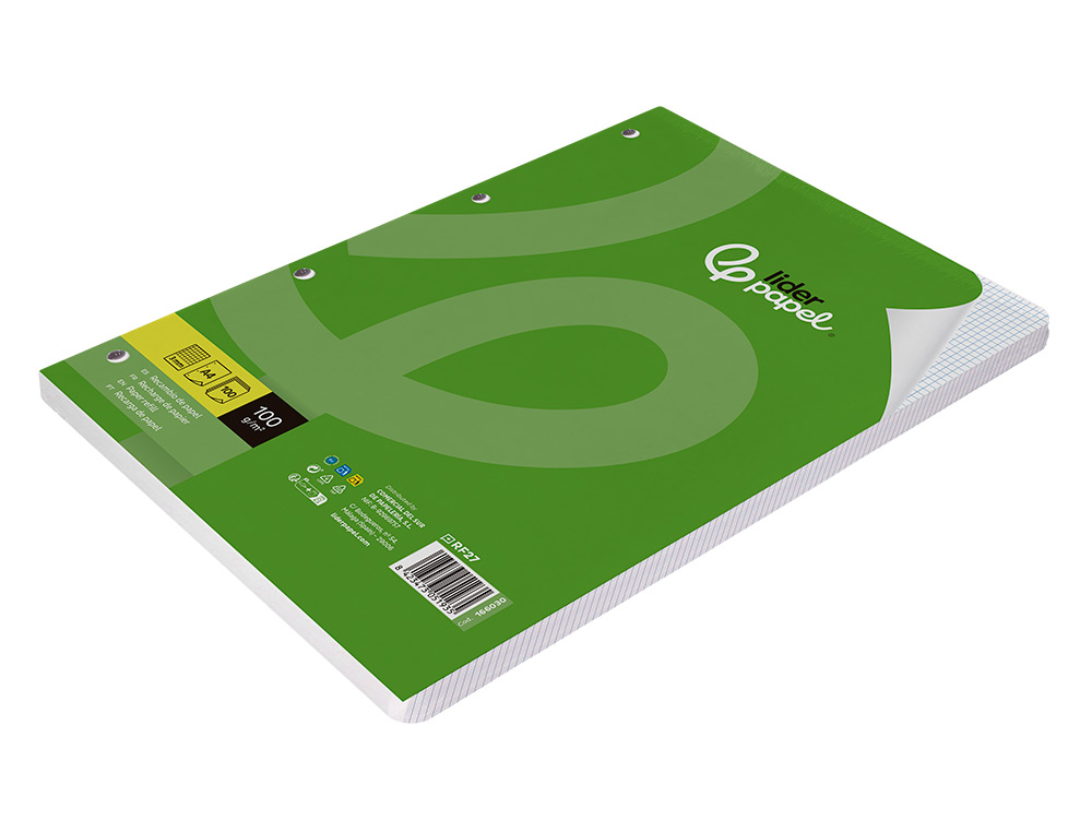 RECAMBIO LIDERPAPEL A4 100 HOJAS 100GR CUADRO 3MM CON MARGEN 4 TALADROS