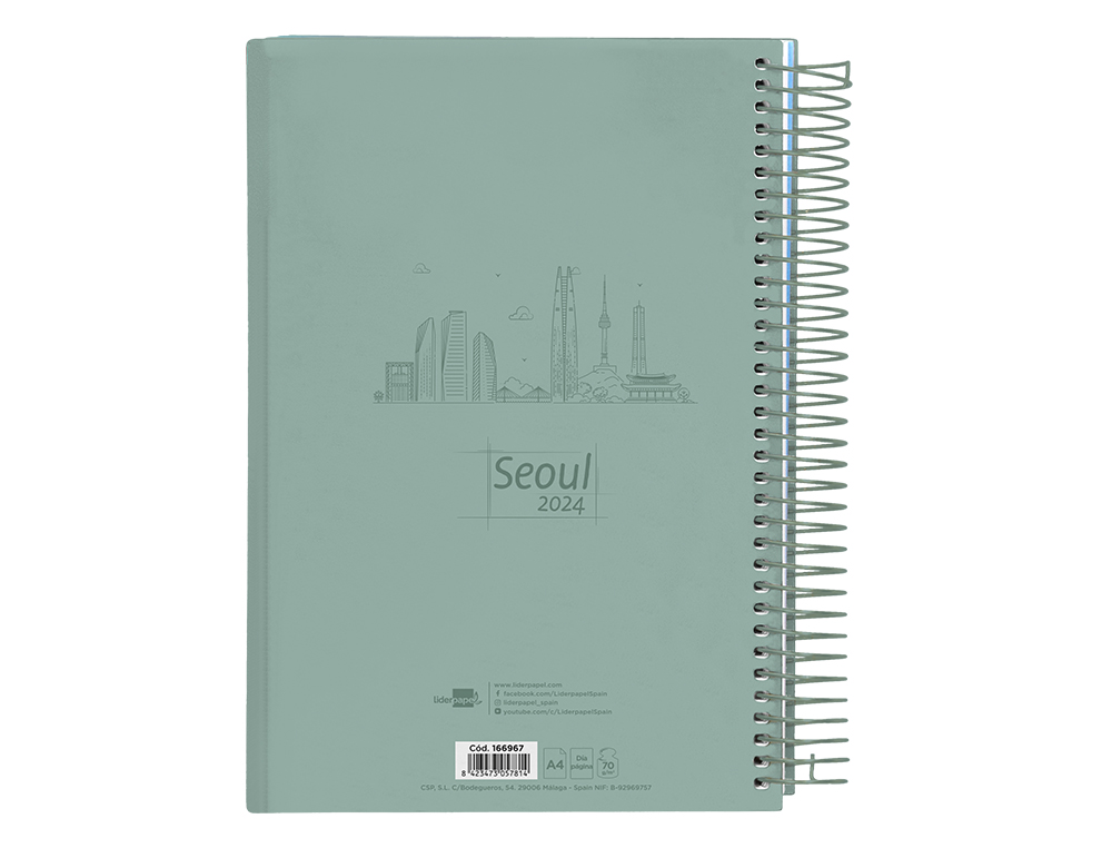 AGENDA ESPIRAL LIDERPAPEL GAZI A4 2024 DIA PAGINA PORTADA POLIPROPILENO PAPEL 70 GR SEOUL
