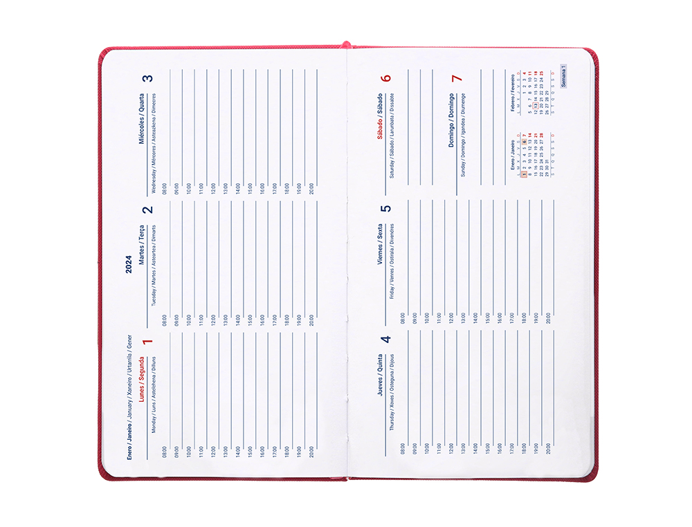 AGENDA ENCUADERNADA LIDERPAPEL KILKIS 8X15 CM 2024 SEMANA VISTA COLOR ROSA PAPEL 70 GR