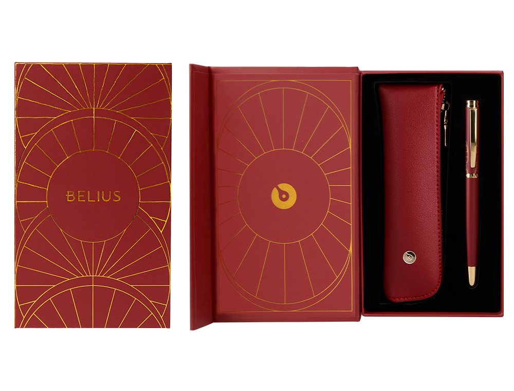 BOLIGRAFO Y ESTUCHE BELIUS SOIREE COLOR ART DECO GRANATE Y DORADO TINTA AZUL CAJA DE DISEO