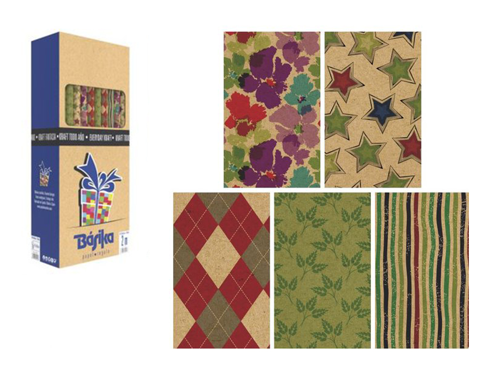 PAPEL DE REGALO BASIKA KRAFT TODO AO ROLLO ANCHO 70 CM LONGITUD 2 M DISEOS SURTIDOS GRAMAJE 50 GR