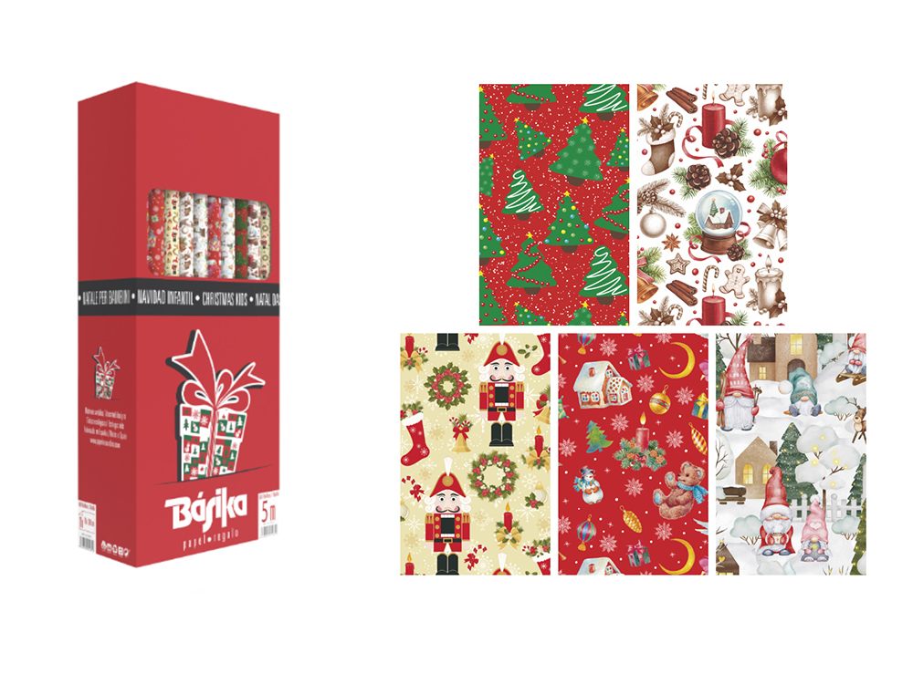 PAPEL DE REGALO BASIKA NAVIDAD ROLLO ANCHO 70 CM LONGITUD 5 M DISEOS SURTIDOS GRAMAJE 50 GR