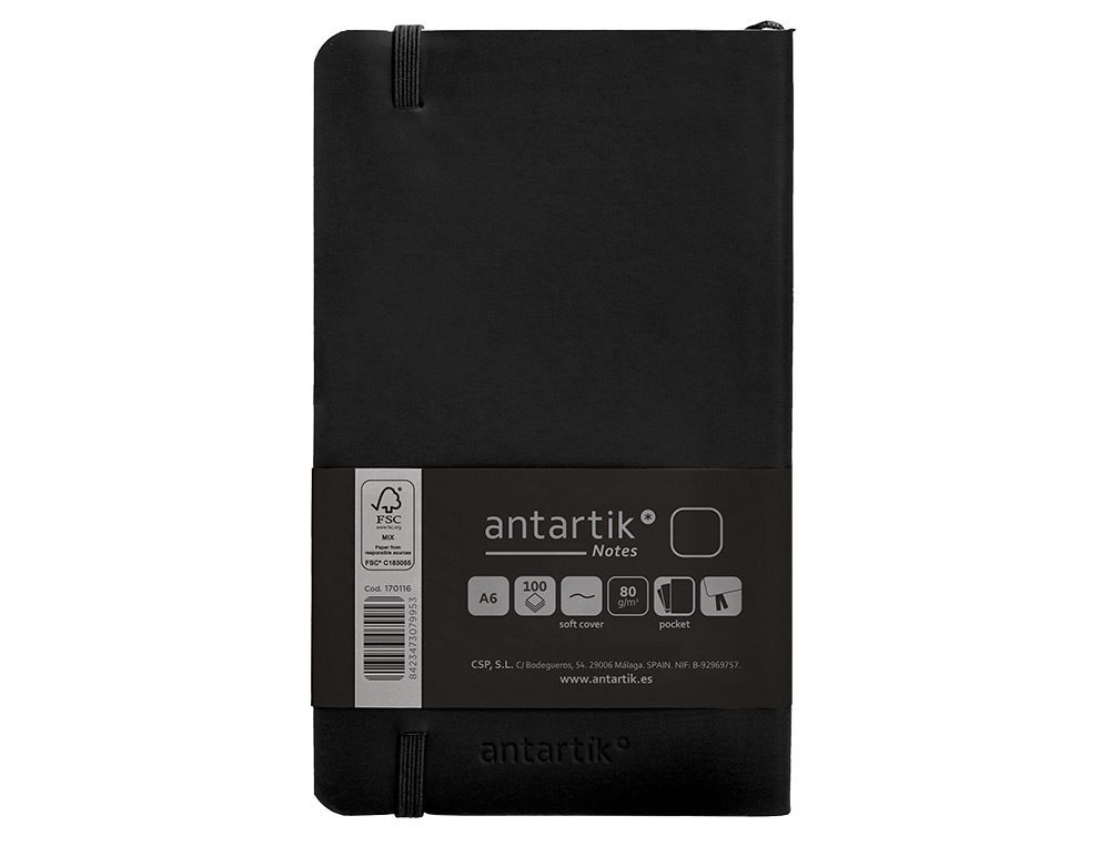 CUADERNO CON GOMILLA ANTARTIK NOTES TAPA BLANDA A6 HOJAS LISAS NEGRO 100 HOJAS 80 GR FSC