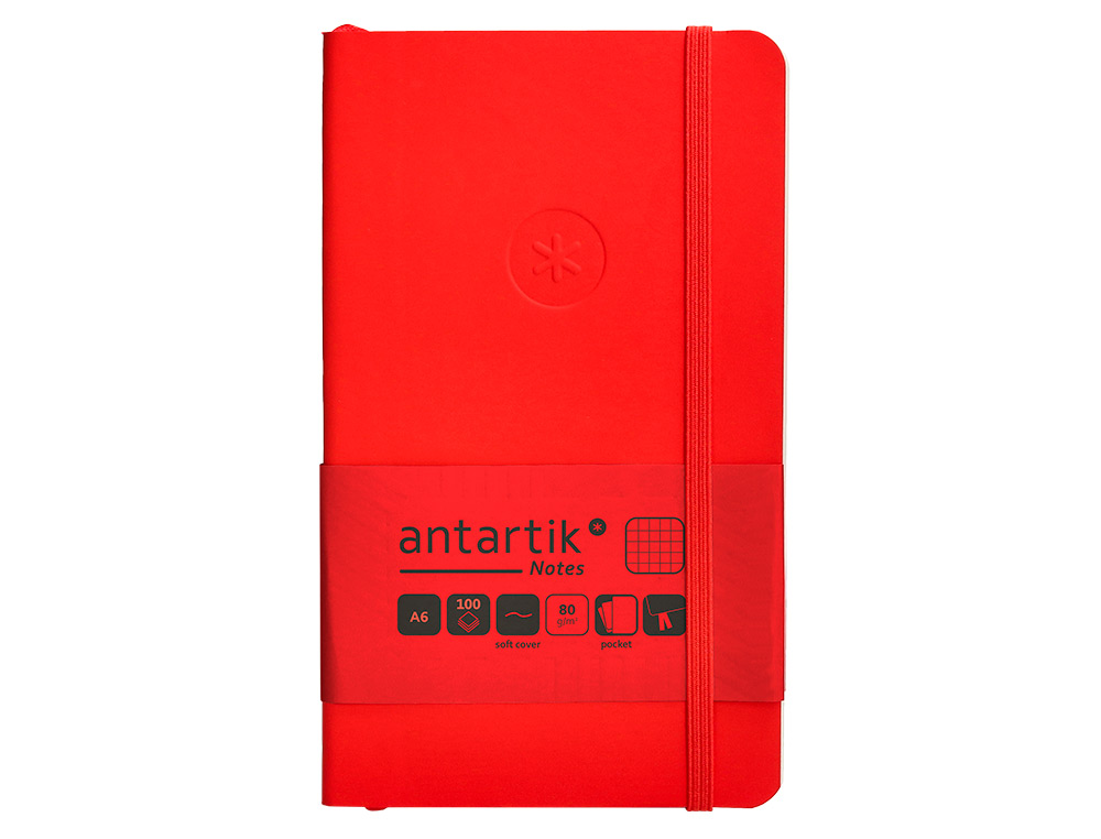 CUADERNO CON GOMILLA ANTARTIK NOTES TAPA BLANDA A6 CUADRICULA ROJO 100 HOJAS 80 GR FSC