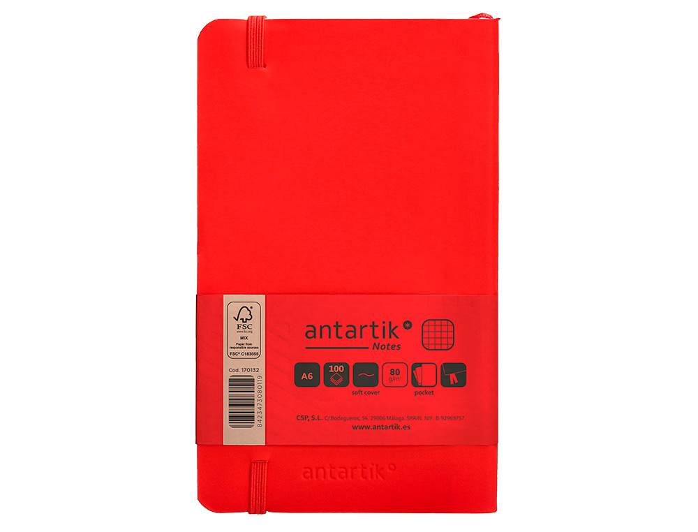 CUADERNO CON GOMILLA ANTARTIK NOTES TAPA BLANDA A6 CUADRICULA ROJO 100 HOJAS 80 GR FSC