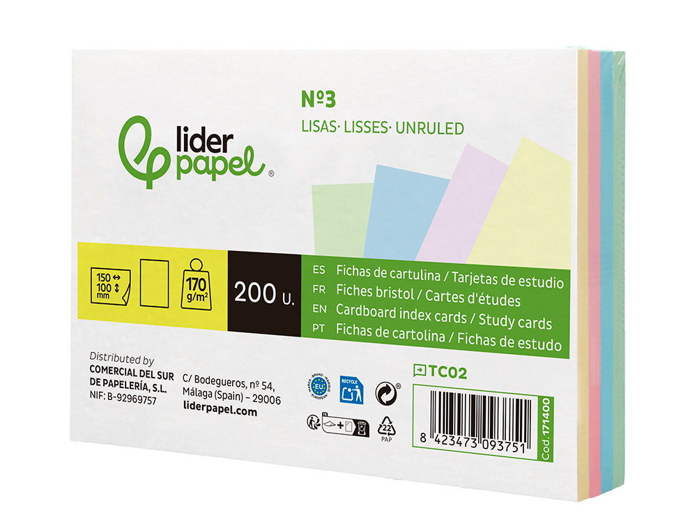 TARJETA LIDERPAPEL PARA ESTUDIAR LISA CARTULINA DE COLORES 170GR 100X150MM PAQUETE DE 200 UNIDADES