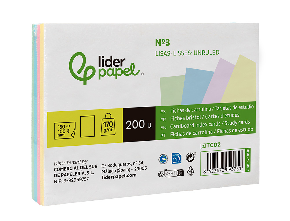 TARJETA LIDERPAPEL PARA ESTUDIAR LISA CARTULINA DE COLORES 170GR 100X150MM PAQUETE DE 200 UNIDADES