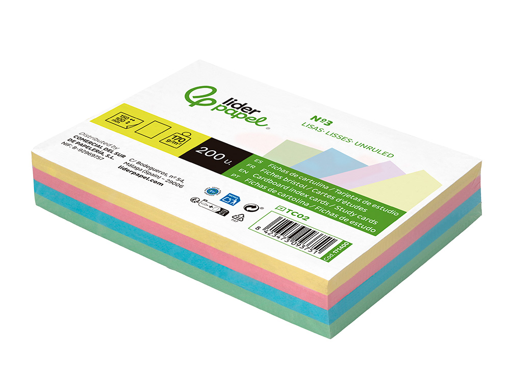 TARJETA LIDERPAPEL PARA ESTUDIAR LISA CARTULINA DE COLORES 170GR 100X150MM PAQUETE DE 200 UNIDADES