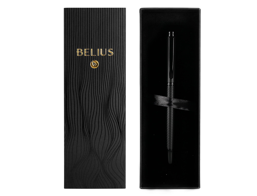 BOLIGRAFO BELIUS NEPTUNO ALUMINIO TEXTURA WAVY COLOR NEGRO TINTA AZUL CAJA DE DISEO