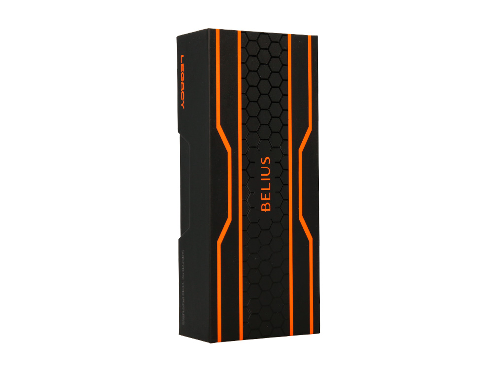 BOLIGRAFO BELIUS LEGACY ALUMINIO DISEO HEXAGONO NARANJA CUERPO NEGRO TINTA COLOR AZUL CAJA DE DISEO