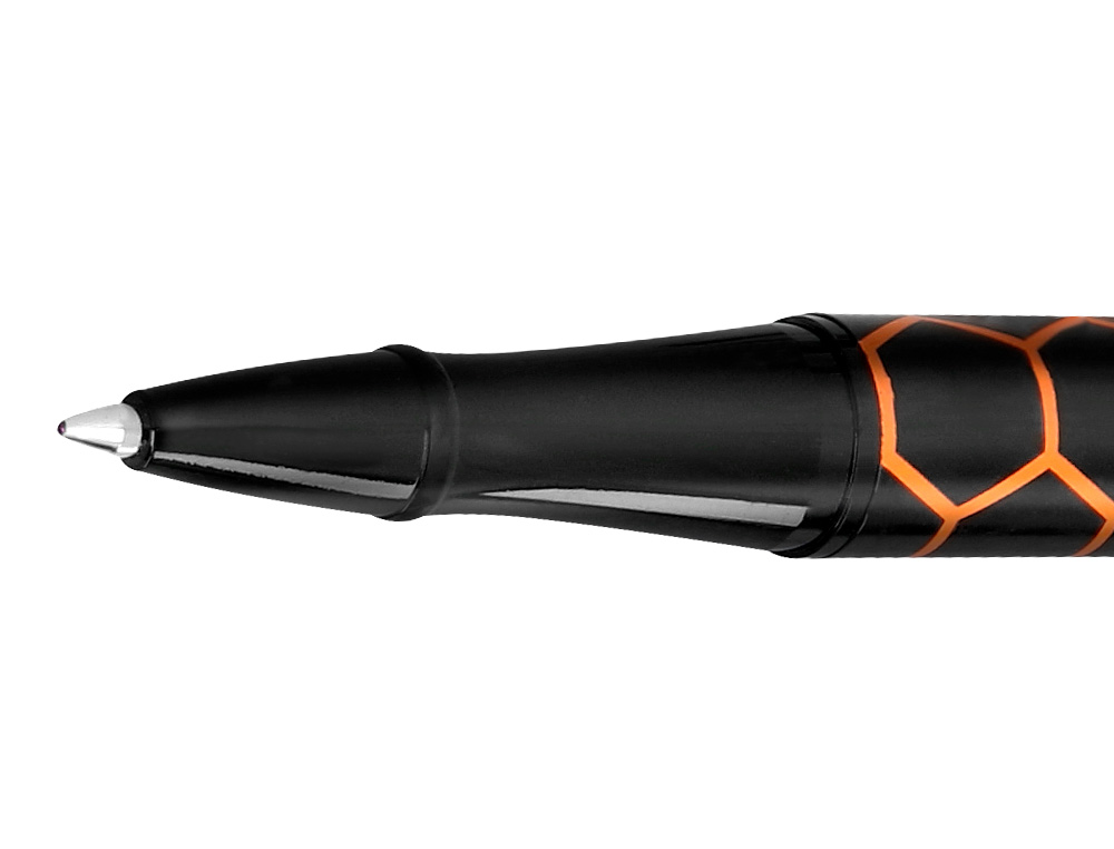 BOLIGRAFO BELIUS LEGACY ALUMINIO DISEO HEXAGONO NARANJA CUERPO NEGRO TINTA COLOR AZUL CAJA DE DISEO
