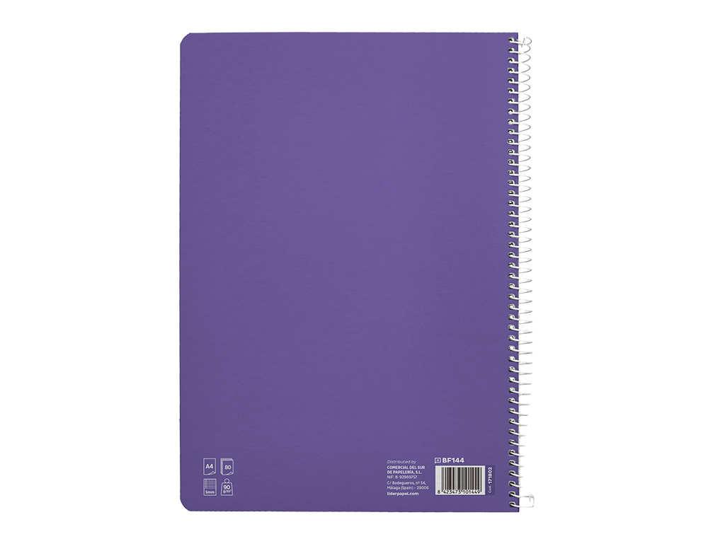 CUADERNO ESPIRAL LIDERPAPEL DIN A4 PAUTAGUIA TAPA DURA 80H 90GR CUADRO PAUTADO 5MM COLOR LILA