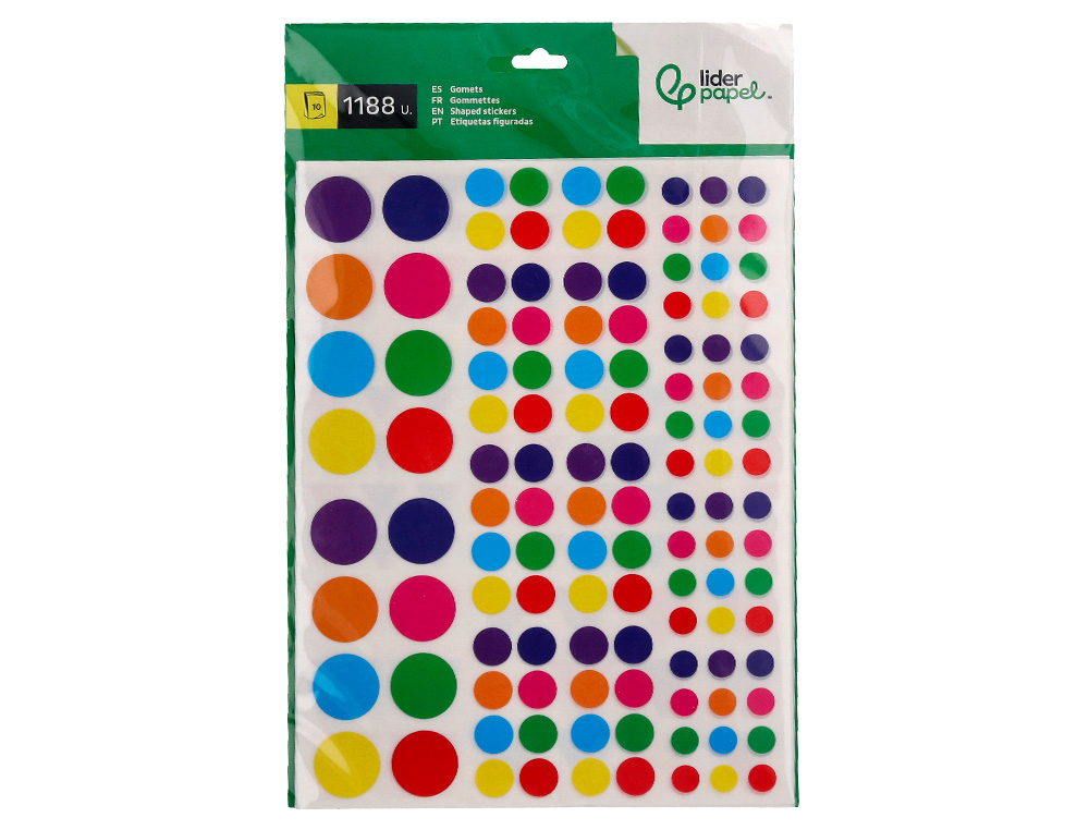 GOMETS LIDERPAPEL AUTOADHESIVO FIGURAS DE COLORES Y TAMAOS SURTIDOS BOLSA DE 10 HOJAS 1188 UNIDADES