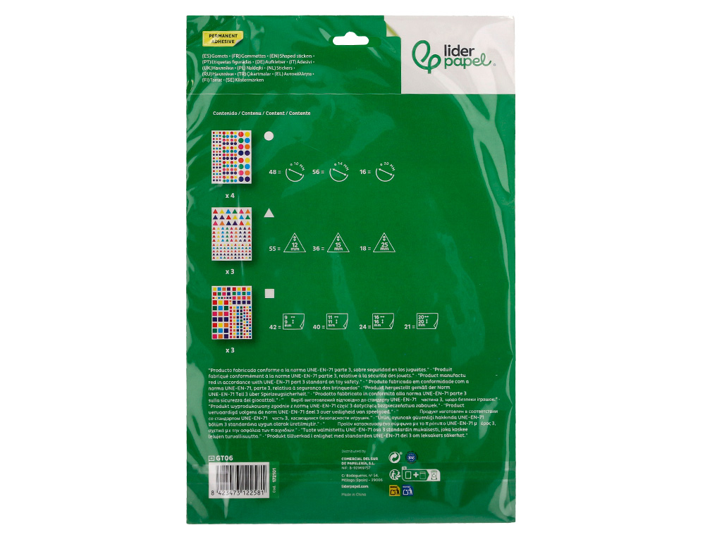 GOMETS LIDERPAPEL AUTOADHESIVO FIGURAS DE COLORES Y TAMAOS SURTIDOS BOLSA DE 10 HOJAS 1188 UNIDADES
