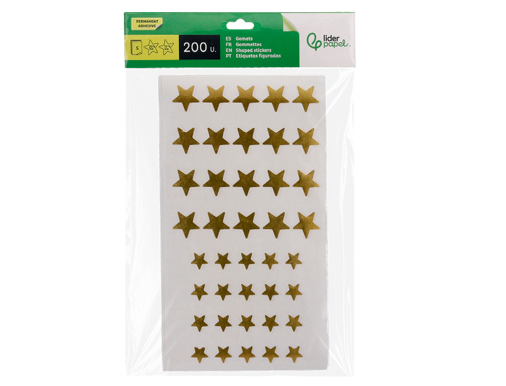 GOMETS LIDERPAPEL AUTOADHESIVO ESTRELLAS DORADAS SURTIDAS BOLSA DE 5 HOJAS CON 200 UNIDADES