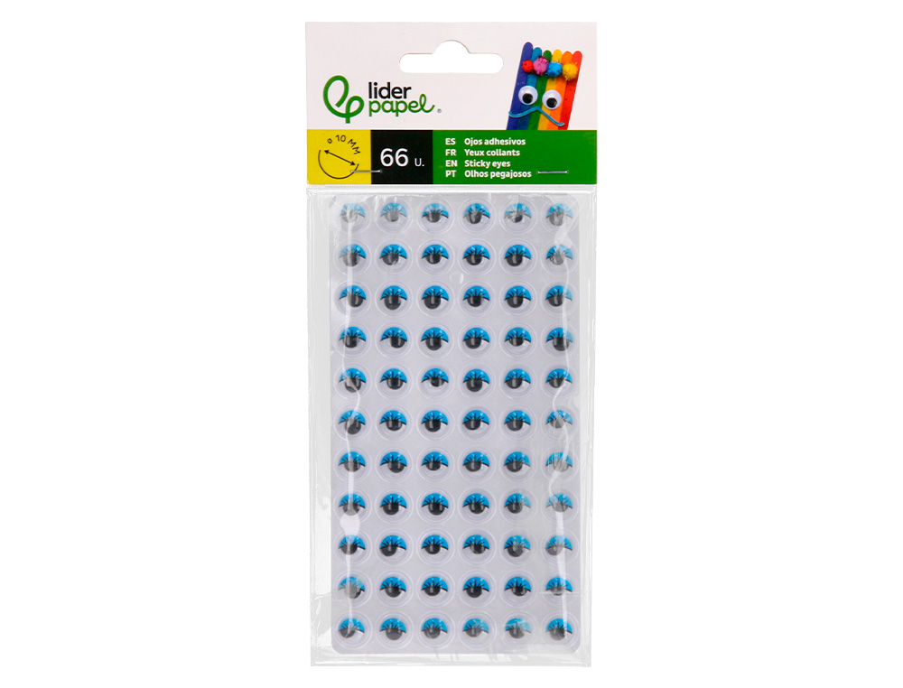 OJO ADHESIVO LIDERPAPEL 10 MM CON PUPILA NEGRA Y PESTAÑA DE COLOR AZUL PACK DE 66 UNIDADES