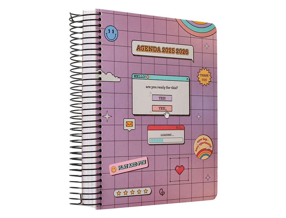 AGENDA ESCOLAR LIDERPAPEL 25-26 ESPIRAL PIXEL MORADO DIA PAGINA A5 BILINGE PAPEL FSC 80 GR