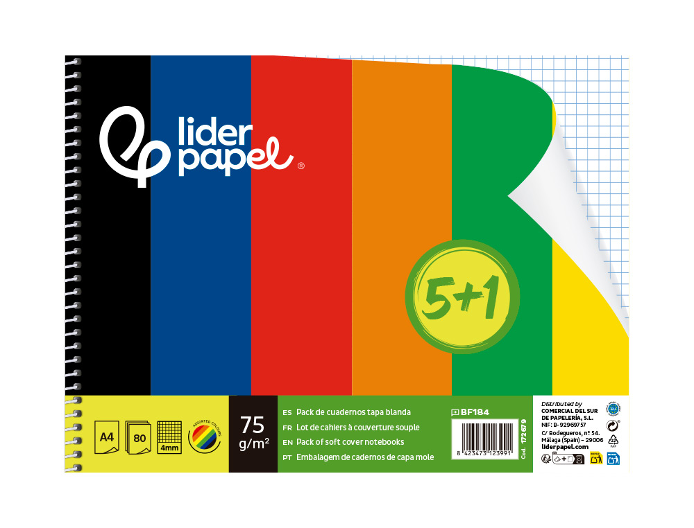 CUADERNO ESPIRAL LIDERPAPEL A4 SMART TAPA BLANDA 80H 75GR CUADRO 4 MM CON MARGEN PACK 5+1 COLORES SURTIDOS