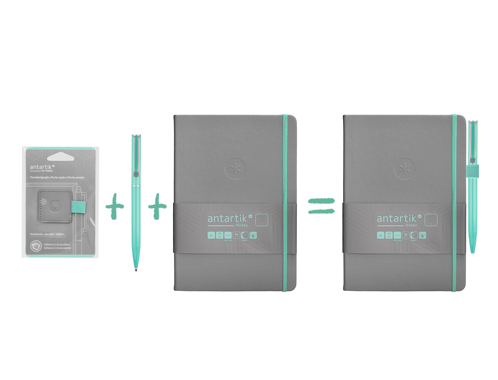 PORTABOLIGRAFO AUTOADHESIVO ANTARTIK PARA CUADERNO NOTE CON ELASTICO HASTA 15 MM GROSOR 80 MM GRIS Y TURQUESA