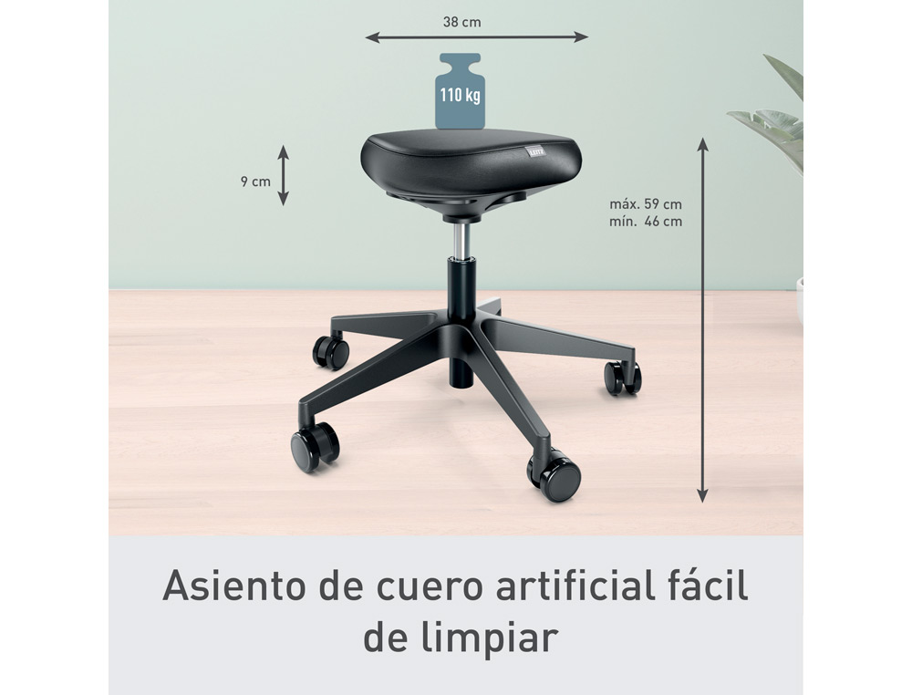 TABURETE LEITZ ERGO CON ASIENTO TRIANGULAR 5 RUEDAS GIRATORIAS REGULABLE EN ALTURA HASTA 59 CM NEGRO