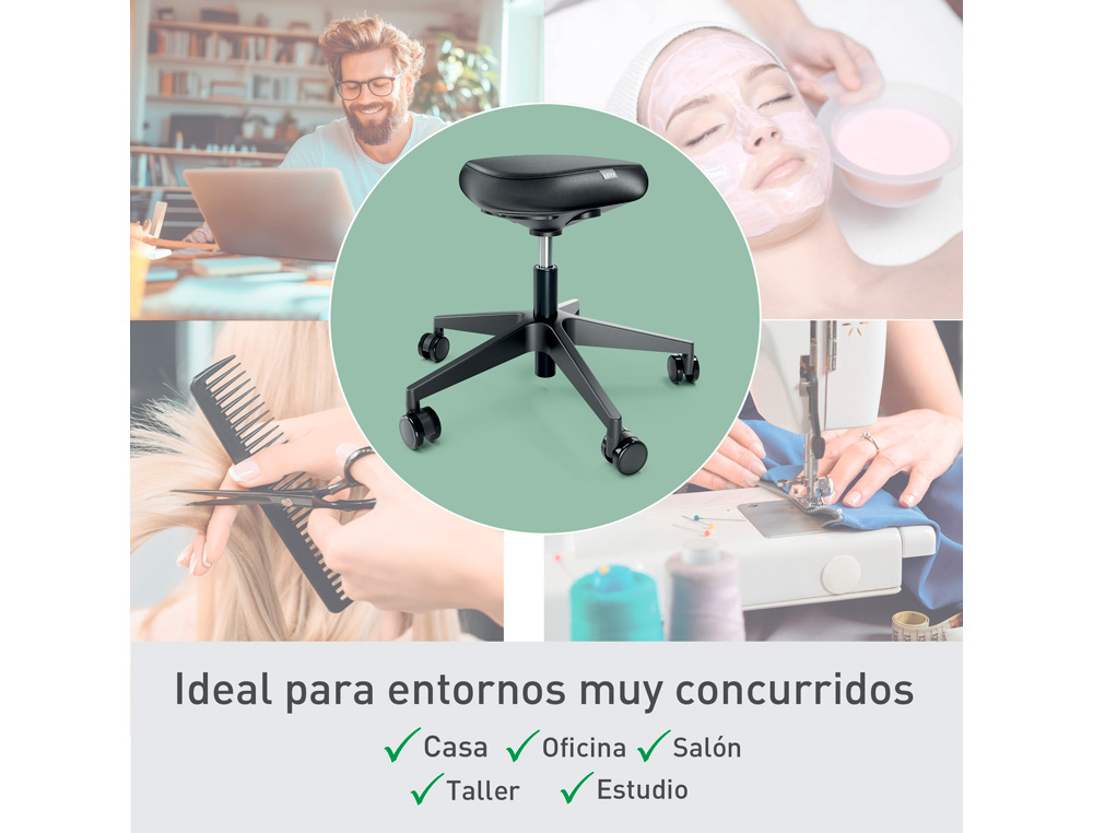TABURETE LEITZ ERGO CON ASIENTO TRIANGULAR 5 RUEDAS GIRATORIAS REGULABLE EN ALTURA HASTA 59 CM NEGRO