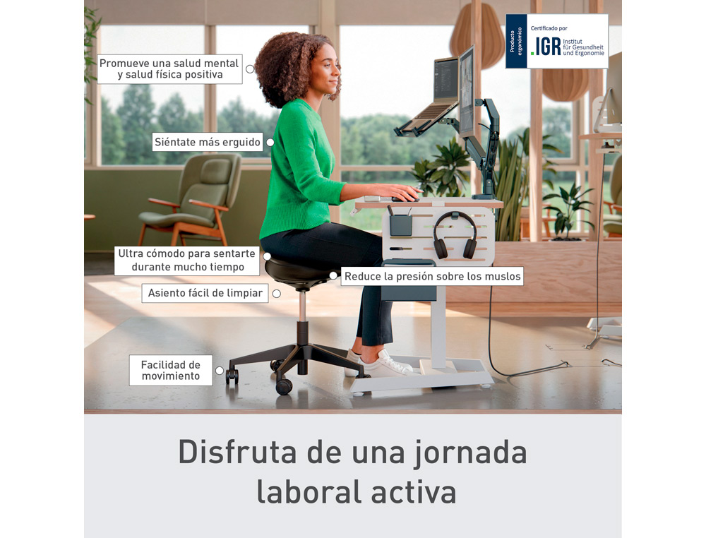 TABURETE LEITZ ERGO CON ASIENTO TRIANGULAR 5 RUEDAS GIRATORIAS REGULABLE EN ALTURA HASTA 59 CM NEGRO